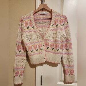 Zara Women's Knit Cardigan - Cream and Pink Floral